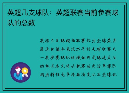 英超几支球队：英超联赛当前参赛球队的总数