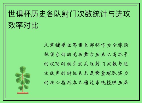 世俱杯历史各队射门次数统计与进攻效率对比